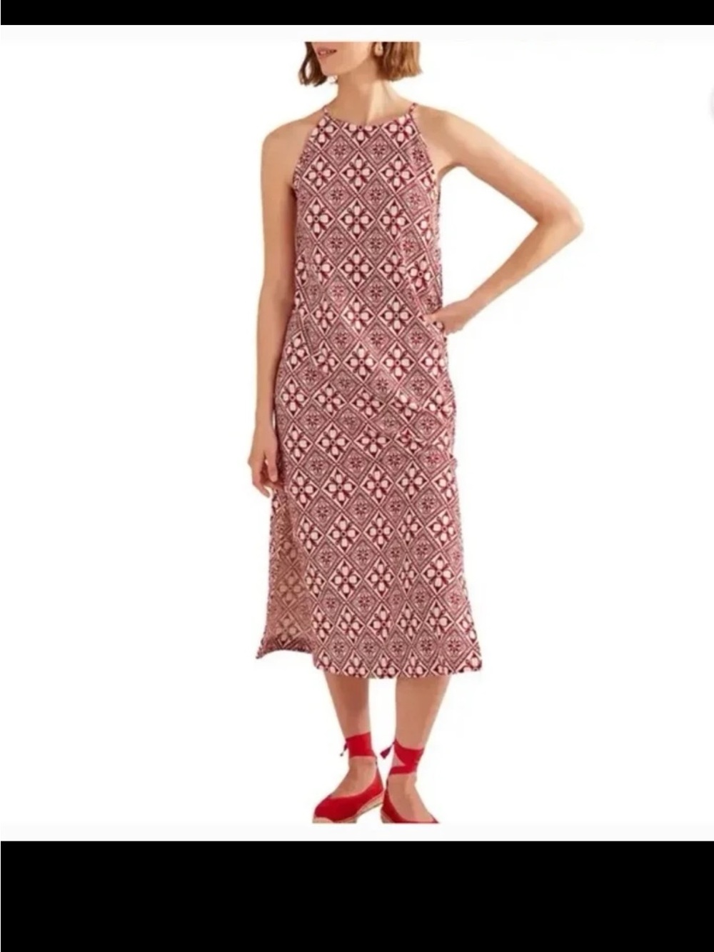 Boden Red & White Floral Tile Print Cotton Jersey Midi Dress size 4L